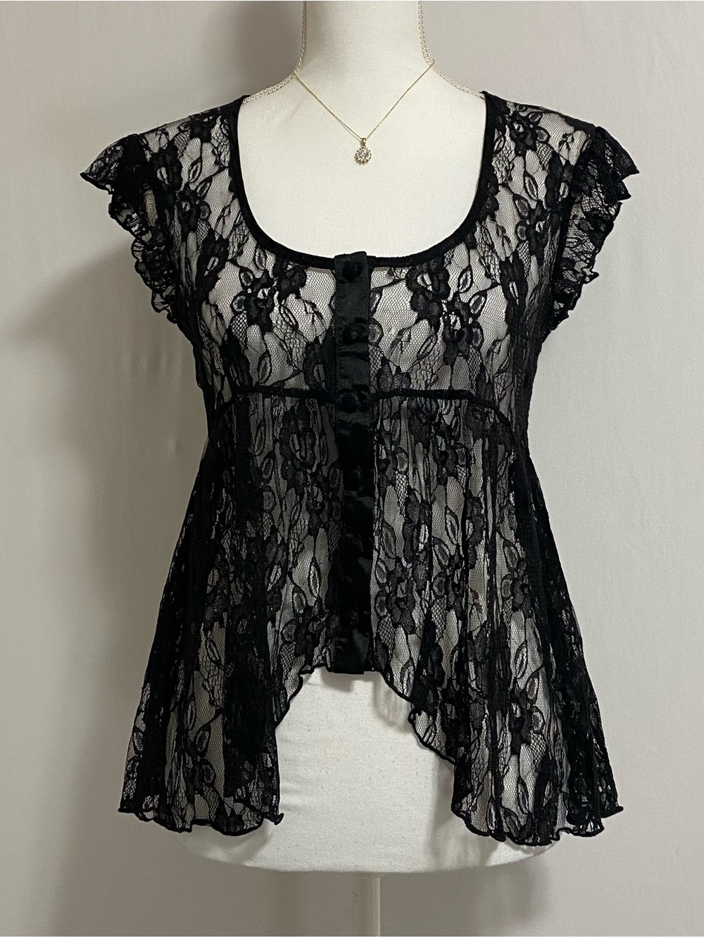 Vintage Sheer Black Lace Flutter Sleeve Top